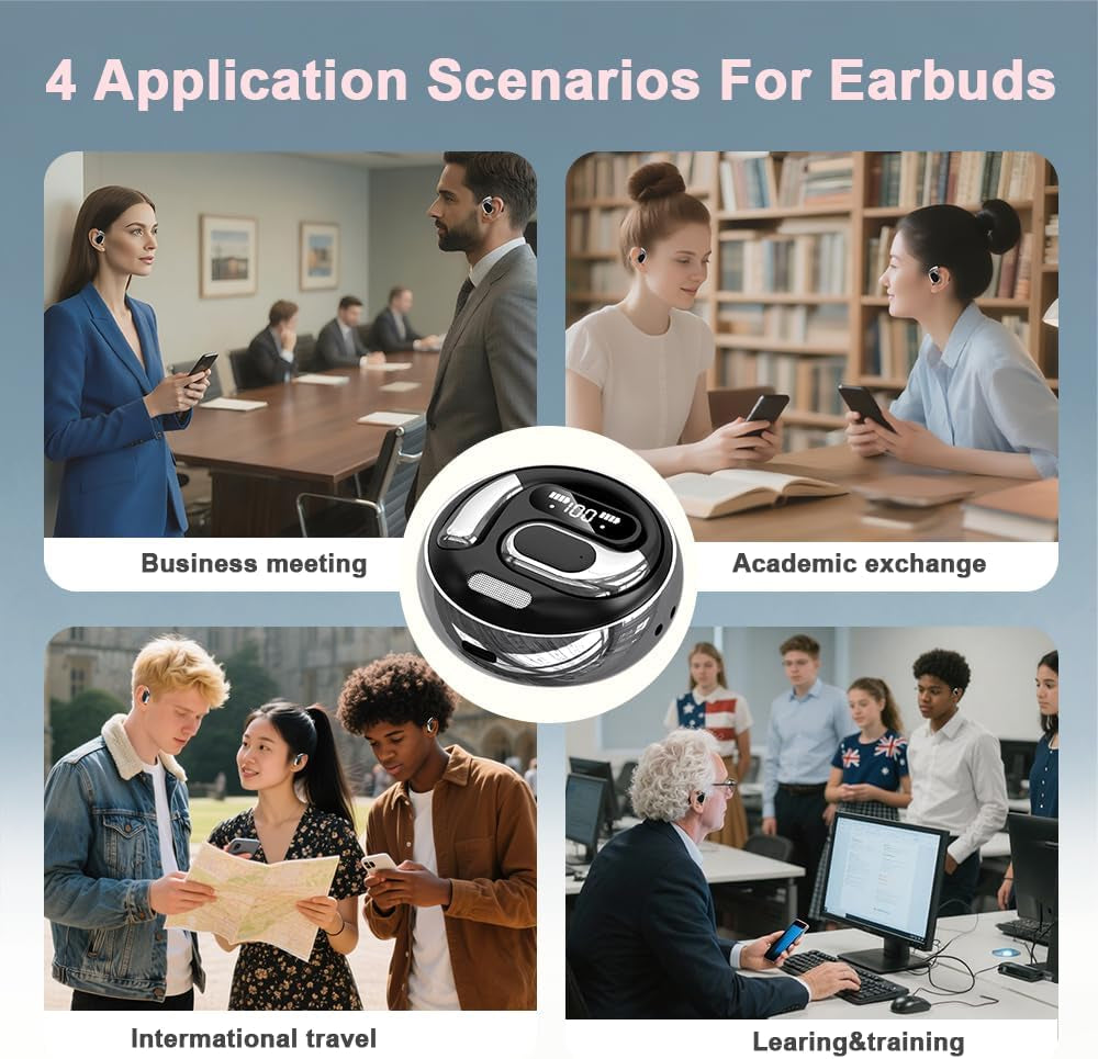 AI Language Translator Earbuds Real Time, Supports 144 Languages, Earphone 3-In-1 Accents，Headphones Language Earbud Translators Bluetooth & APP for Travel, Business, and Learning（Black）